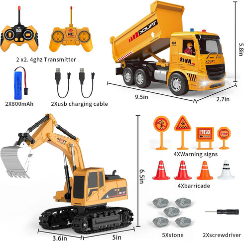 MQDMINI Set 3-12 Remote Control Excavator and Dump Truck Toy - RC Construction Vehicles Toy with Barricades, Road