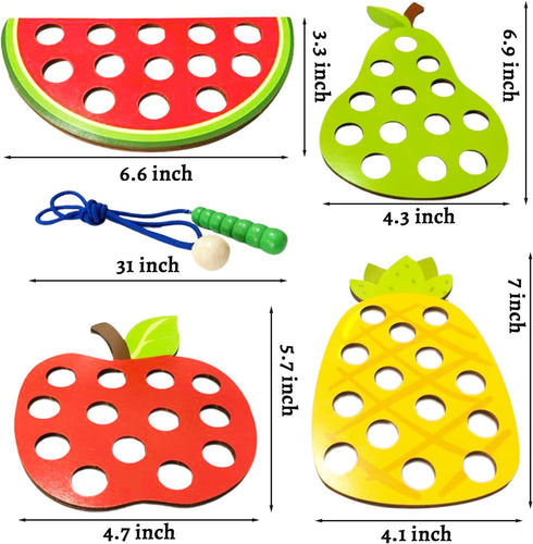 4 Pack Wooden Lacing Toy, Educational Threading Activity Puzzles for Toddlers Kids, Wooden Fruit Threading Set