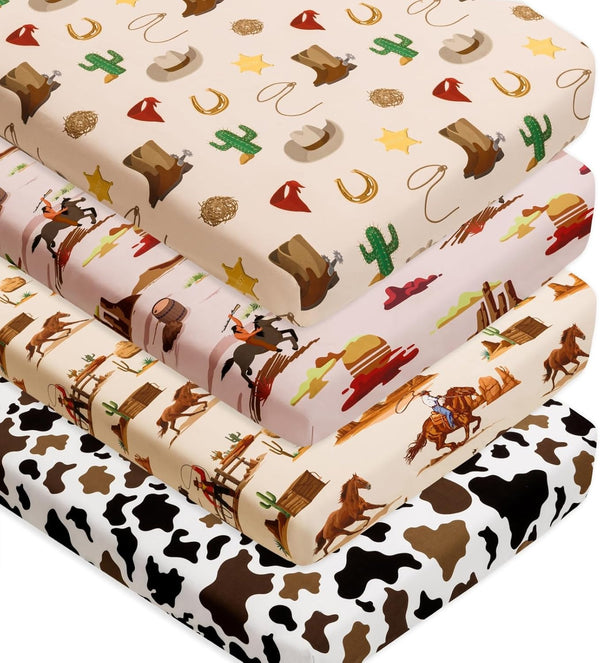 FIGEPO 4 Pack Western Cowboy Crib Sheets Neutral Breathable Fitted Baby Sheets Nursery