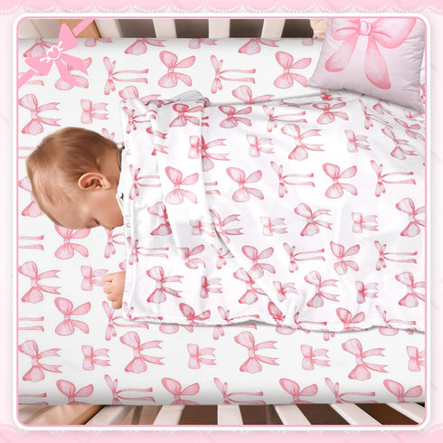 HunnmingRe Set 3 Set Baby Pink Bow Crib Bedding Pcs Crib Baby Blanket, Fitted Sheet, Pillowcase Soft Flannel Nursery