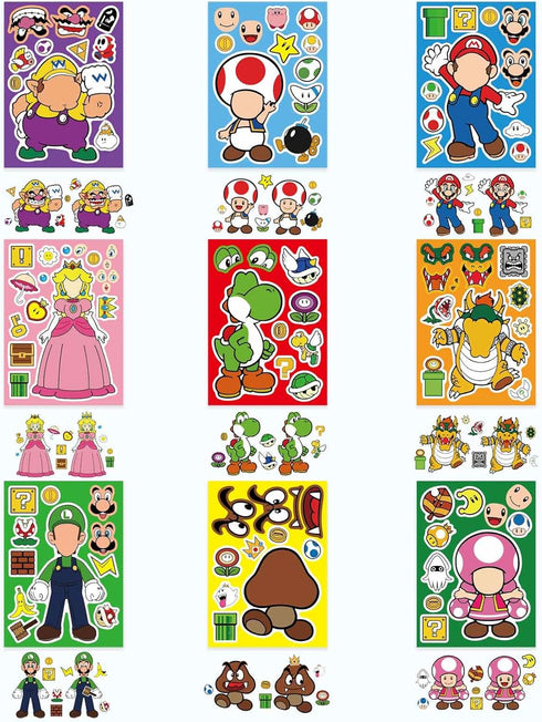 36 Sheets Mario Make a Face Stickers, DIY Cartoon Crafts for Kids Birthday Gifts and Party Favors