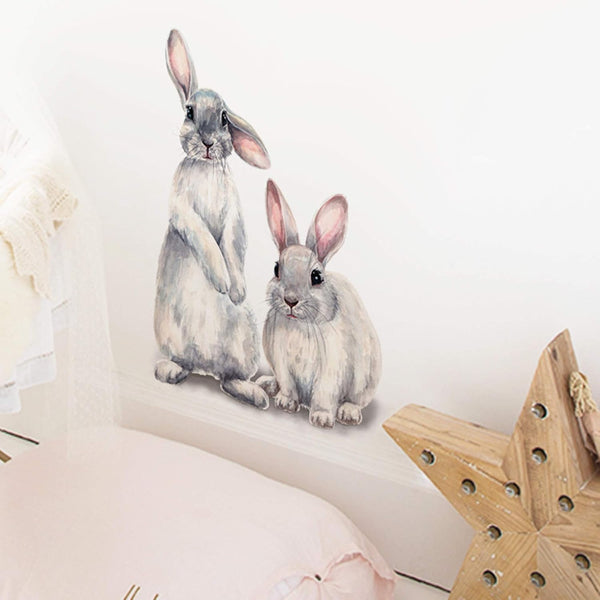 ROFARSO Lifelike Lovely Cute Two Bunnies Rabbits Animal Wall Stickers Removable Wall Decals for Nursery Baby Bedroom