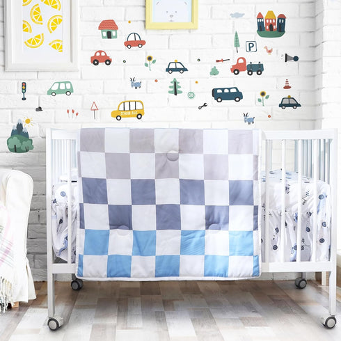 5 Set SmoothNovelty Pcs Cars Theme Baby Crib Bedding Include Checkered Crib Sheets Bed Skirt Comforter Pad Cover Wall