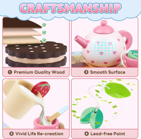 Wooden Tea Set for Little Girls, Birthday Gift for 2-4 Year Old, Play Food Sets for Kids Kitchen Accessories