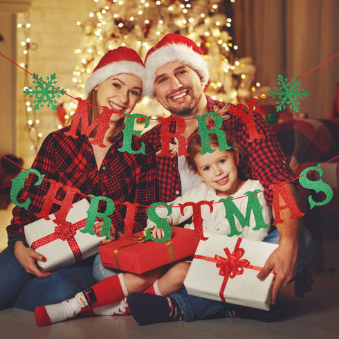 Red and Green Merry Christmas Banner, Merry Xmas Sign Garland for Christmas Party Decorations, Holiday Mantle Decor