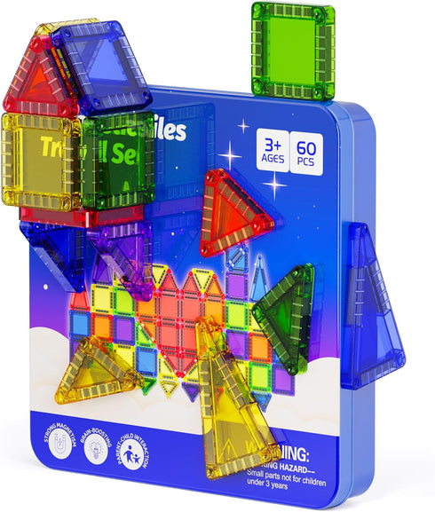3-8, 60pcs Mini Magnetic Tiles Travel Kit for Kids Ages Portable Magnetic Building Blocks with Visual Storage Guide