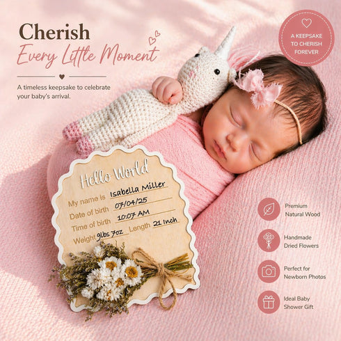 Wonhibo Daisy Newborn Announcement Sign - Baby Hospital Photo Prop Wooden Board Card with Real Pressed Flowers Hello