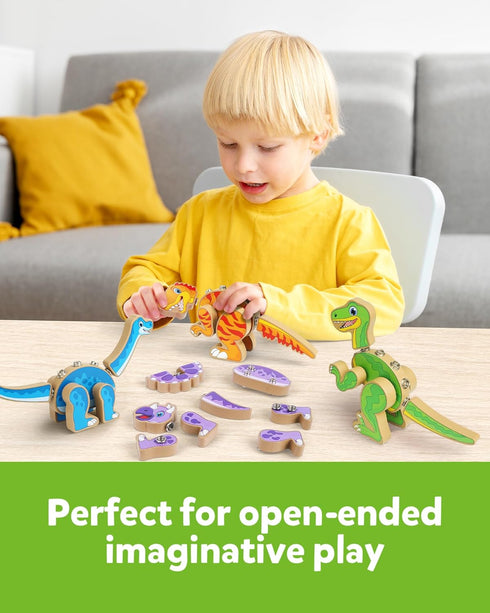 Playset, 3 4 5 Coogam Build Your Own Dinosaurs Toy, Snap Together Building Dinosaurs Wooden STEM Take Apart Dinosaur