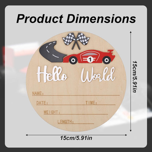 Penitue 15cm/5.91in Baby Announcement Sign, Wooden Hello World Newborn Bulletin Board with Pen Race Car & Checkered