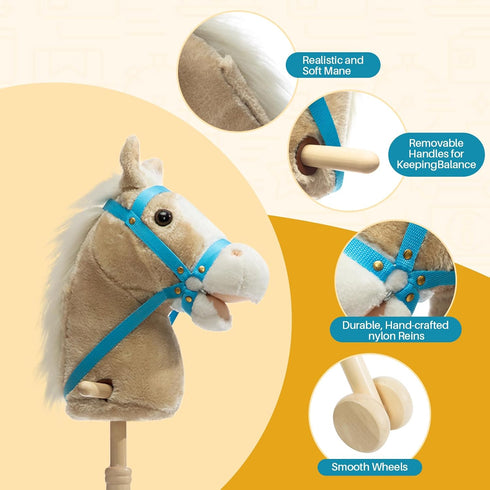 36 Inches(AA HollyHOME Stick Horse Plush Handcrafted Hobby Horse on a Stick with Wood Wheels Real Pony Neighing