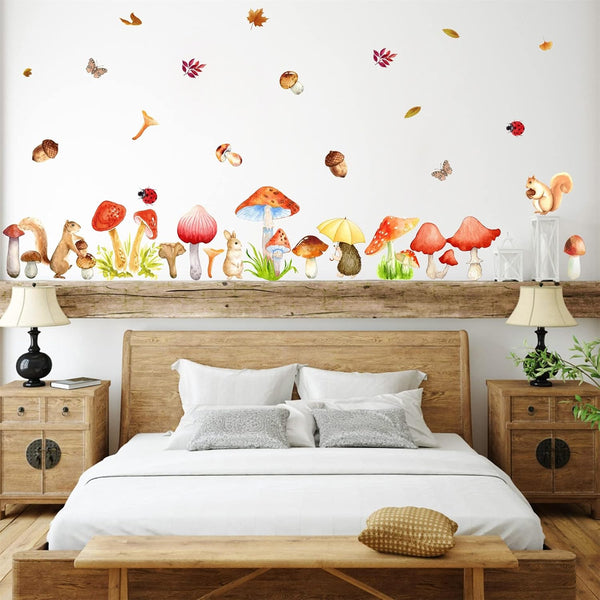 Watercolor Mushroom Wall Decals Colorful Mushroom Wall Stickers Cute Animal Autumn Leaf