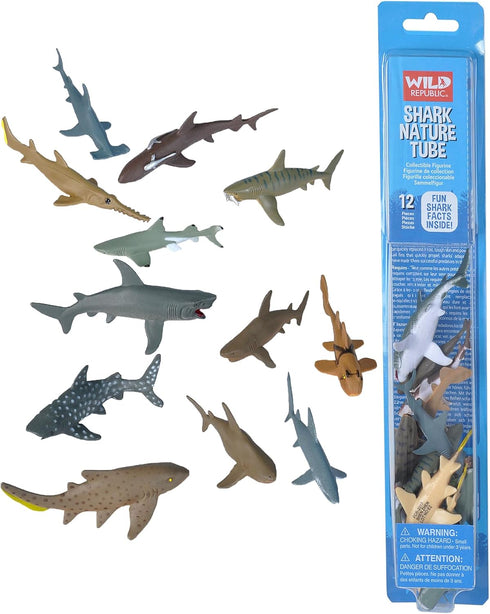 Wild Republic Shark Toys Nature Tube, 12-Piece Aquatic Animal Educational Toys, Shark Party Supplies
