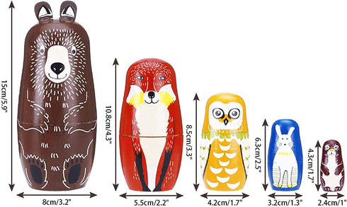 Conzy Russian Nesting Dolls for Kids, Stacking Wooden Handmade Matryoshka Dolls, 5 Piece Cute Cartoon Animal Pattern