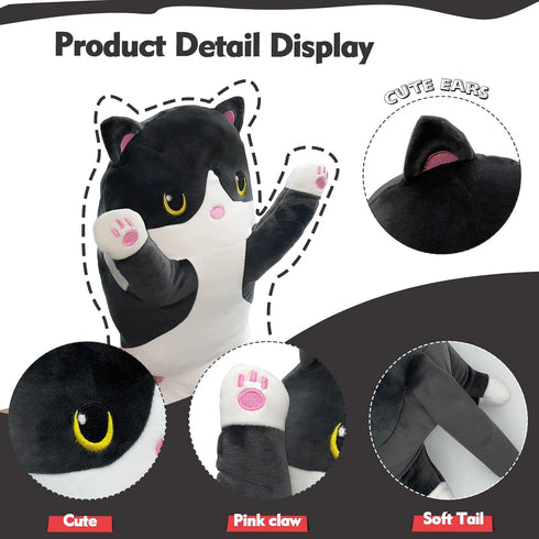 Long Cat Plush Pillow, 43.3in Cute Black Cat Plushie Stuffed Animal Body Pillow, Kawaii Doll Toy Gift