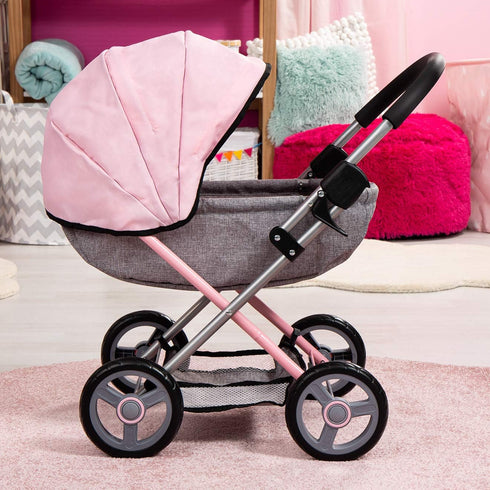 Bayer Dolls 4-in-1 Toy Baby Doll Pram Stroller Cosy Set, Fits Dolls Up to 18" (Pink/Grey)