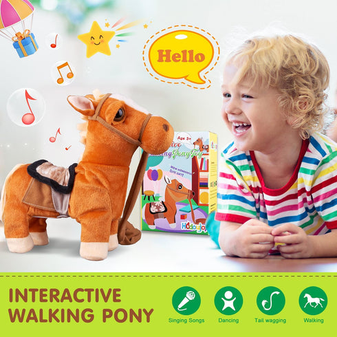 HCdoujoy Brown Walking Pony for Kids Plush Interactive Singing Dancing Musical Realistic Pet, Stuffed Animal Shaking