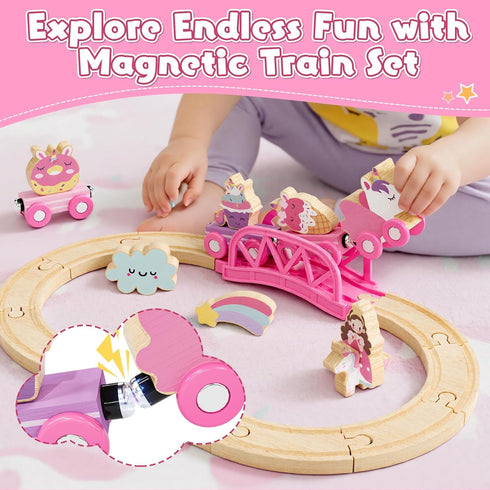 Set Set 2-4, 3 Lehoo Castle Wooden Train for Girls, Unicorn Train for Toddlers Wooden Train Track with Storage Bag