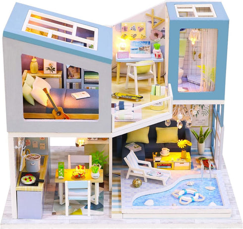 1:24 Cool Beans Boutique Miniature Dollhouse DIY Kit - Wooden Blue Townhouse with Pool