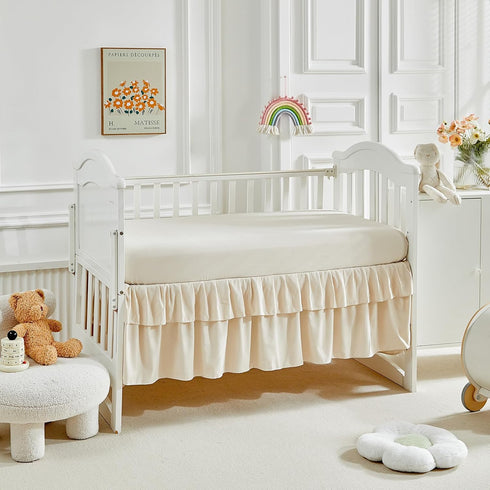 3 Set Pieces Tufted Crib Bedding with Ruffle Fringe, Beige Ruffled Comforter with Fitted Sheet and Bed Skirt , Soft
