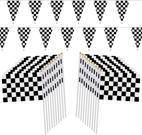 98ft Checkered Black & White Pennant Banner, Racing Flags with 20Pcs 11.8 Inch Plastic Sticks