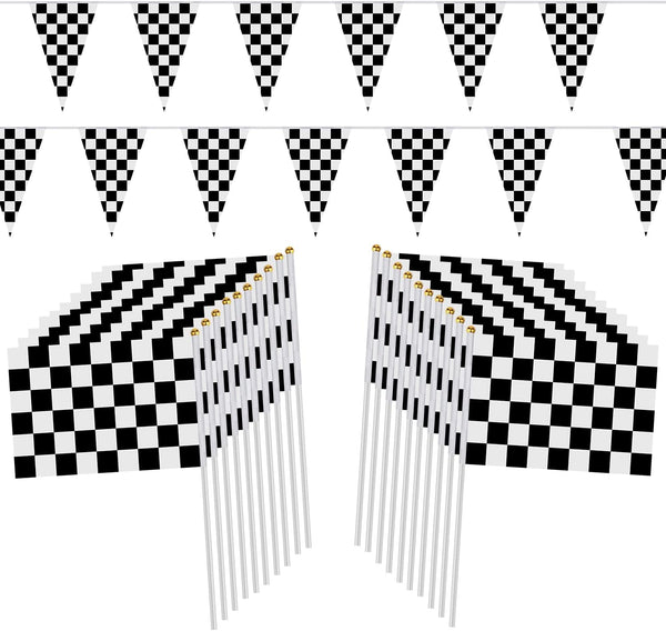 98ft Checkered Black & White Pennant Banner, Racing Flags with 20Pcs 11.8 Inch Plastic Sticks