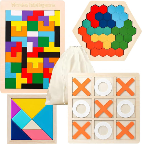 GEKELI 4 Pack Wooden Blocks Puzzles, Russian Blocks, Hexagon Puzzles, Tangrams Puzzles, Board