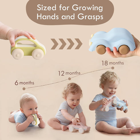 612 46 3 Pack Moonkie Food Grade Silicone Toy Cars for Babies & Toddlers, Push and Go Baby Car Toys Months, Hollow