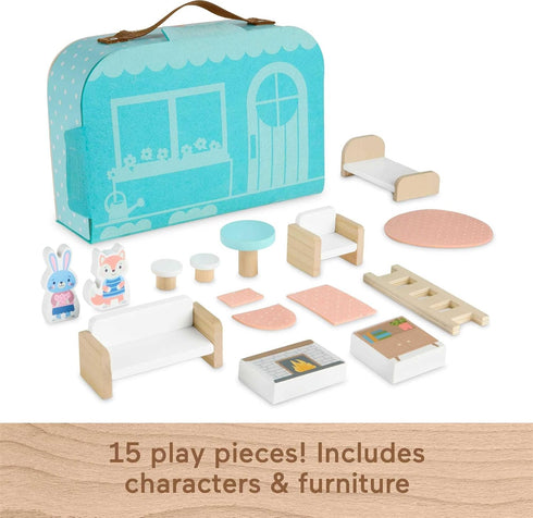 15-Piece Playset 3+ Fisher-Price Wood Pretend Play Toy Dollhouse Carry Along, Wooden Portable for Travel Preschool Kids
