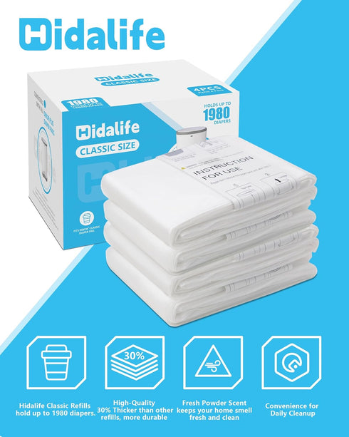 1980 (4 Pack) HIDALIFE Refills Compatible with Dekor Classic Diaper Pails, Disposable Diaper Trash Bags, Extra Thick
