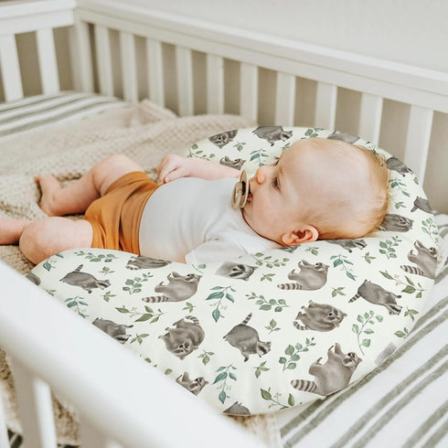 Watercolor Raccoon Baby Nursing Pillow Covers for Boy Girl Raccoons Green Leaves Nursery Pillowcase for Breastfeeding