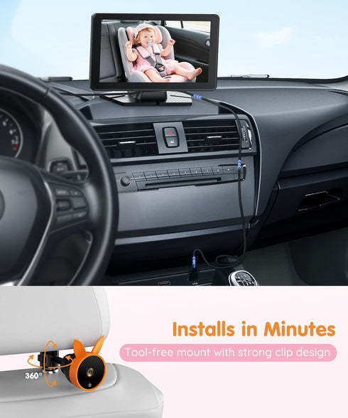 Babyvue BV4 7" 1080P USB Car Monitor for Baby with HD Large Screen, Auto IR Night Vision & Wide Angle, Car Seat Camera