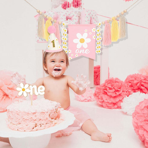 1st Daisy Birthday Decorations Highchair Pink Floral High Chair Banner Boho Flower One Wooden Cake Topper for Pastel