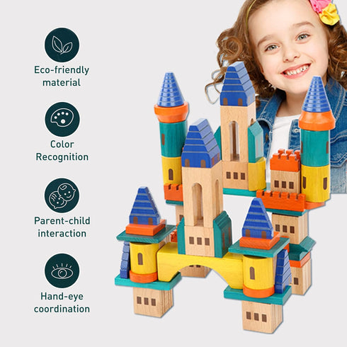 Wooden Castle Building Blocks Set, 69 Pieces Big Solid Beech Wood Stacking Toy for Kids