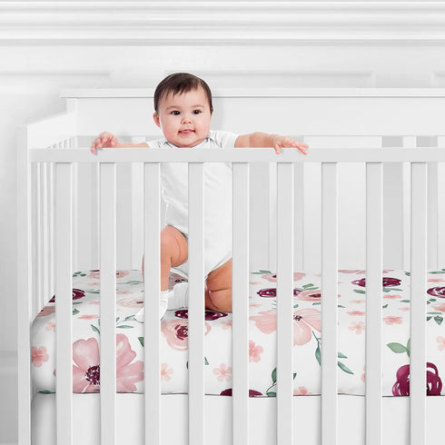 Sweet Jojo Designs Fitted Baby Crib Sheets (Burgundy/Pink Boho Floral) for Girls, Infant Nursery, Toddler Room