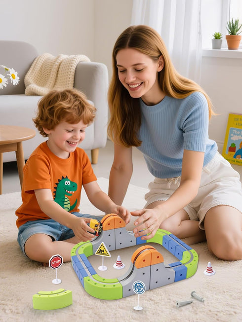 Aotonow 58PCS Sets 3-8, Electric Magnetic Train Track DIY Race Car Track Building Kits with Train and Traffic Signs