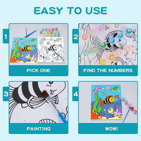 3 Pack Paint by Numbers for Kids Ages 8-12, 10*8" Color by Number Framed Canvas with 17 Acrylic Paint Pots and 6