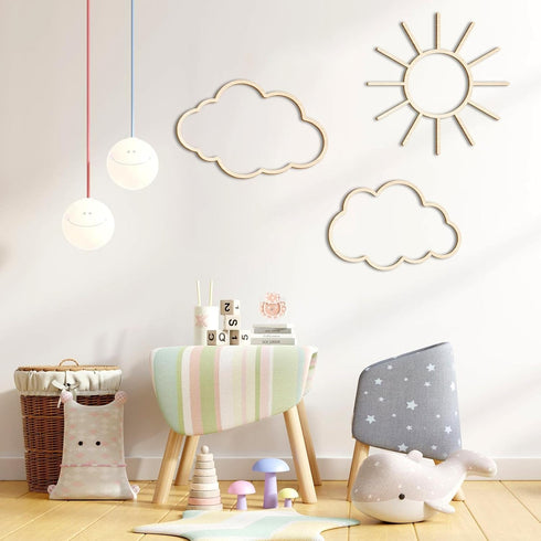 4 Pieces Boho Nursery Cloud Star Wall Decor Wooden Babyroom Moon Rattan Wall Decor Wooden Rainbow for Children Baby