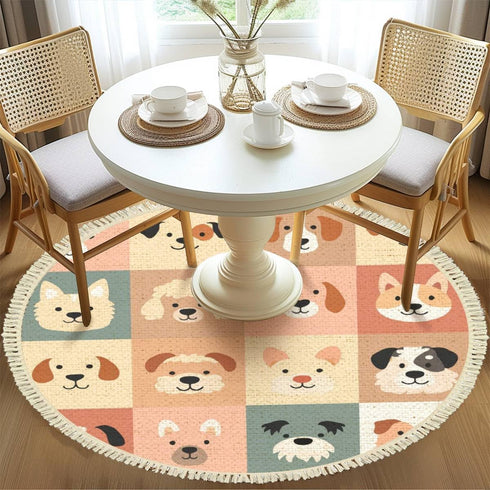 DNEWYNPABV 4 Round Boho Rug Cute Dogs for Kids and Baby Animals Nursery Poster for Greeting Cards Area Rug Linen Rug
