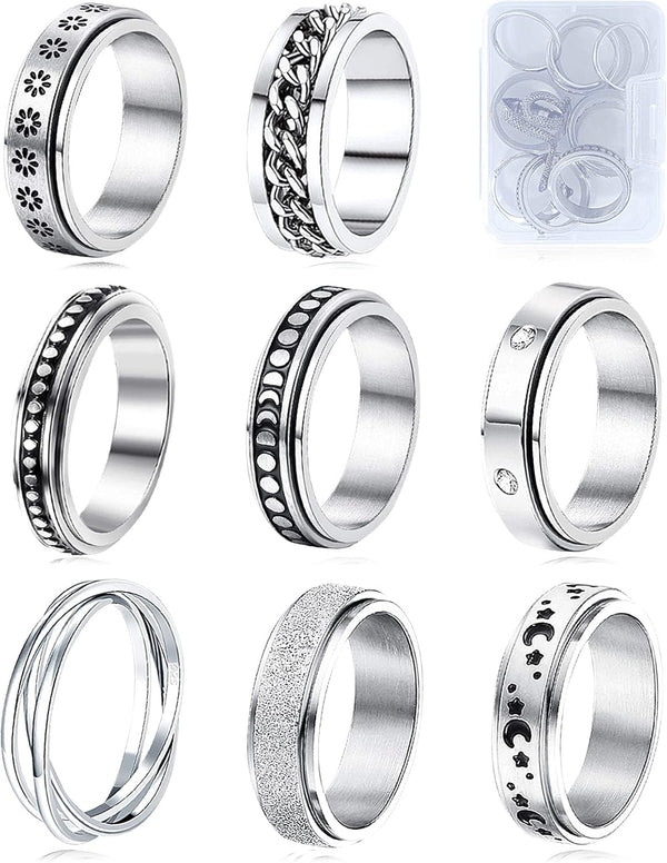 MUCAL Fidget Rings for Anxiety 8pcs Stainless Steel Spinner Ring Anti Anxiety