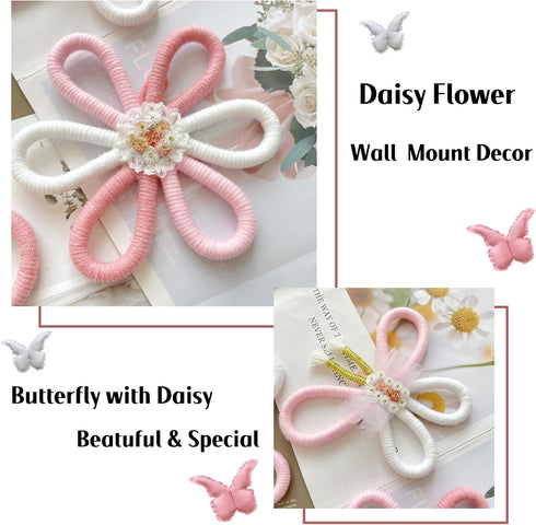 KUNHEHO Set 6 Butterfly Wall Decor of Daisy Flower Boho Nursery Wall Dcor Bohemian Macrame Woven Rattan Wall Hanging