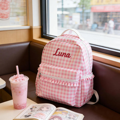KRUIJHEU backpacks, Personalized school bags, embroidered lettered weekend bags, lettered seersucker custom made