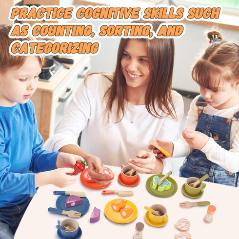 Sets GAGAKU Wooden Play Food for Kids Kitchen, Montessori Wooden Play Food Toys with Plates and Dishes for Toddler Boys
