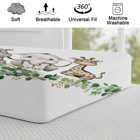 Baby Safari Animals Changing Pad Cover, Cute Lion Elephant Giraffe Zebra, 32"x16" Green Eucalyptus Leaves