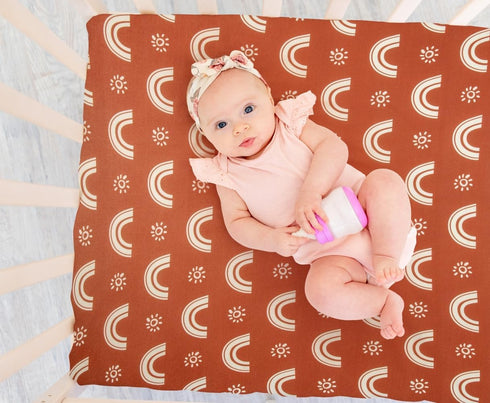 Jola's House 4 Pack N Play Sheets - Mini Crib Sheets Boho Nursery Sheets, Sunshine & Rainbow Design - Neutral Unisex
