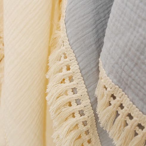 insular Cotton Muslin Baby Blanket with Tassel, Boho Muslin Swaddle Blanket, 47" x 40”, Khaki