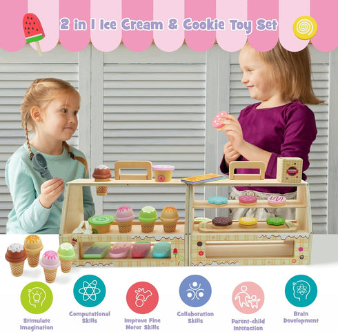 2 1 Set (63pcs), Counter 3+ SIMPLIPLAY in Portable Wooden Ice Cream Toy & Cookie Play Slice and Bake Cookies, Scoop