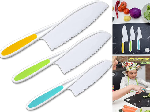 Leking 3 Pcs Kids Kitchen Knife, Plastic Serrated Edges Kids Knife Set for Cooking and Cutting Cakes, Fruits and