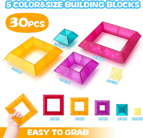 30-Piece Set 3-6 Building Blocks for Kids - STEM Preschool Learning Activities Ages Years Old, Light Table Compatible