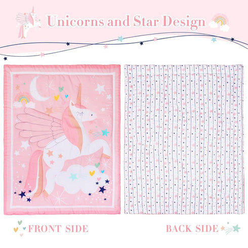 Set 4 Set Set Cloele Pink Crib Bedding for Girls- Piece Unicorns Baby Comforter Bed Includes Crib Skirt Quilt Fitted