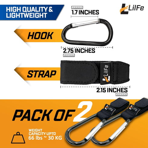 2 Pcs Black Baby Stroller Hooks for Hanging, Multipurpose Stroller Straps with Durable Clips for Diaper Bags